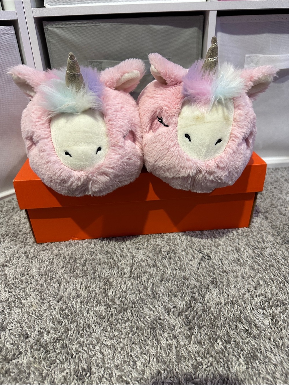Cat & Jack Pink Unicorn Plush Slippers with Gold Horns